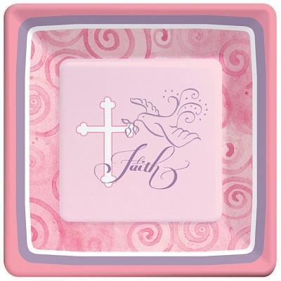 Faithful Dove Pink Bulk Dinner Plates-Girls Baptism First Communion Party Supplies-Party Things Canada