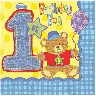 Hugs & Stitches Boy Beverage Napkins-First Birthday Boy Party Supplies-Party Things Canada