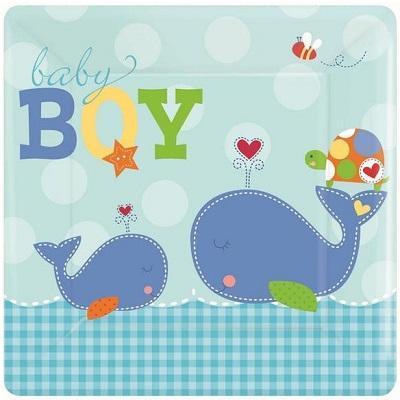 Ahoy Baby Boy Dinner Plates-Ahoy Baby Whales Baby Shower Supplies-Party Things Canada
