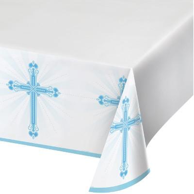Blessings Blue Plastic Tablecover-Boy First Communion Party Supplies-Party Things Canada