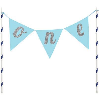 Blue and Silver Cake Topper Banner "One"-Glitter Cake Toppers-Party Things Canada