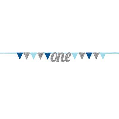 Blue and Silver "One" Flag Banner-1st Birthday Party Supplies-Party Things Canada