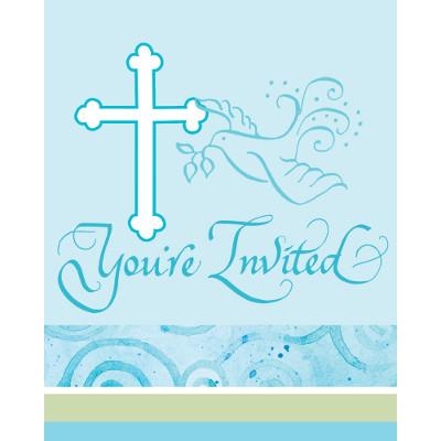 Faithful Dove Blue Bulk Invitations-Boy Baptism First Communion Tableware Supplies-Party Things Canada