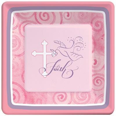 Faithful Dove Pink Bulk Luncheon Plates-Girls Baptism First Communion Party Supplies-Party Things Canada