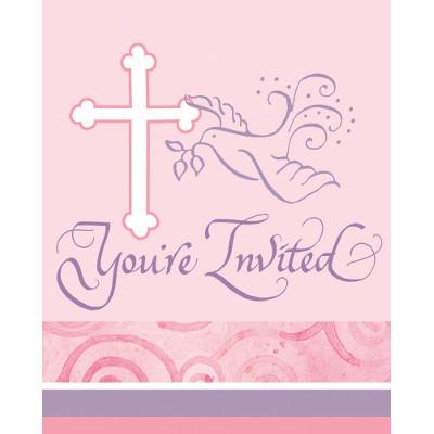 Faithful Dove Pink Bulk Invitations-Girls Baptism First Communion Party Supplies-Party Things Canada