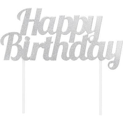 Happy Birthday Silver Cake Topper-Glitter Cake Toppers-Party Things Canada