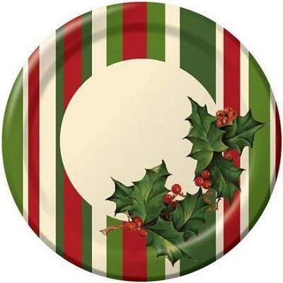 Holly Stripe Banquet Plates-Christmas Party Tableware-Party Things Canada