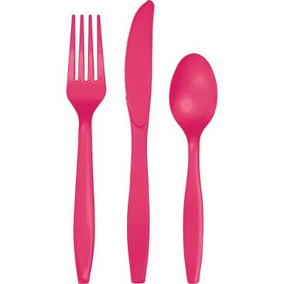 Hot Magenta Assorted Plastic Cutlery-Dark Pink Fuchsia Magenta Solid Color Tableware-Party Things Canada
