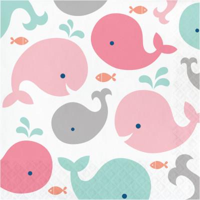 Lil Spout Pink Luncheon Napkins-Nautical Pink Baby Whales Girl Baby Shower-Party Things Canada