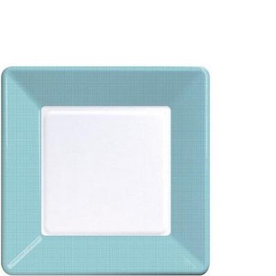 Pastel Blue Textured Border Square Luncheon Plates-Pastel Light Baby Blue Solid Color Tableware-Party Things Canada