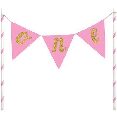 Pink and Gold Cake Topper Banner "One"-Glitter Cake Toppers-Party Things Canada
