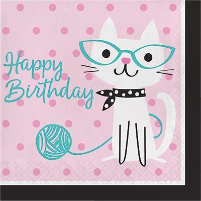 Purr-Fect Party Happy Birthday Luncheon Napkins-Cat Kittens Themed Girl Birthday Supplies-Party Things Canada