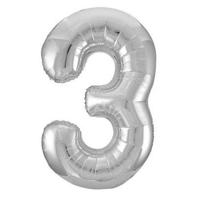 Silver "3" Foil Numeral Balloon-Numbers Age Metallic Helium Balloons-Party Things Canada