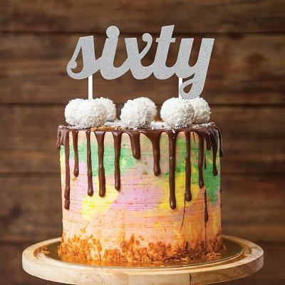 Silver Glitter "Sixty" Cake Topper-Glitter Cake Toppers-Party Things Canada